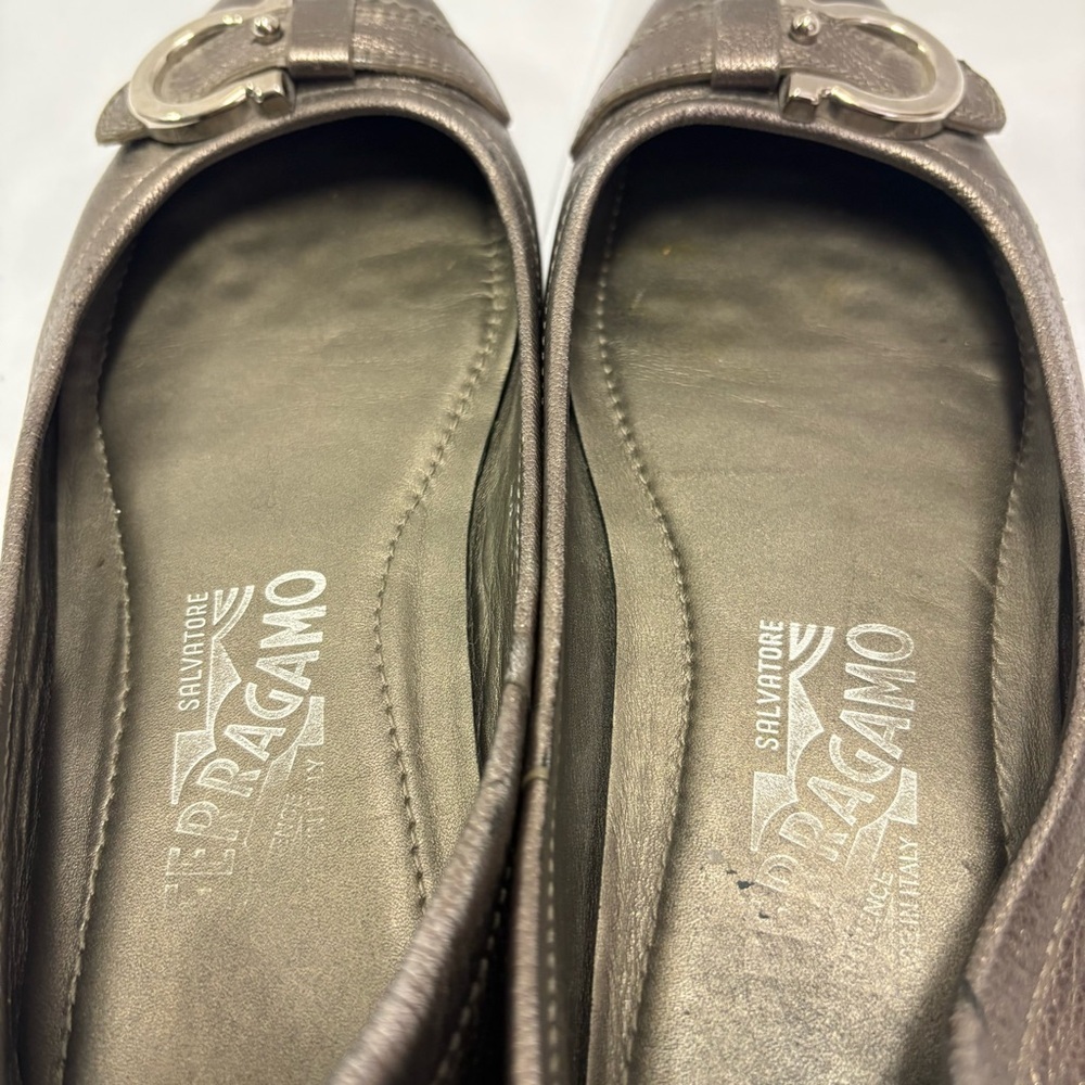 Salvatore Ferragamo Ballet Flats Metallic Bronze Leather US 6.5 Silver Buckle - Picture 10 of 14